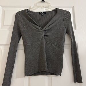 Lulu's Gray Fitted Tie Front Blouse